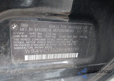2008 BMW 328Xi z USA, uszkodzony, nr VIN WBAVC73508KX92791